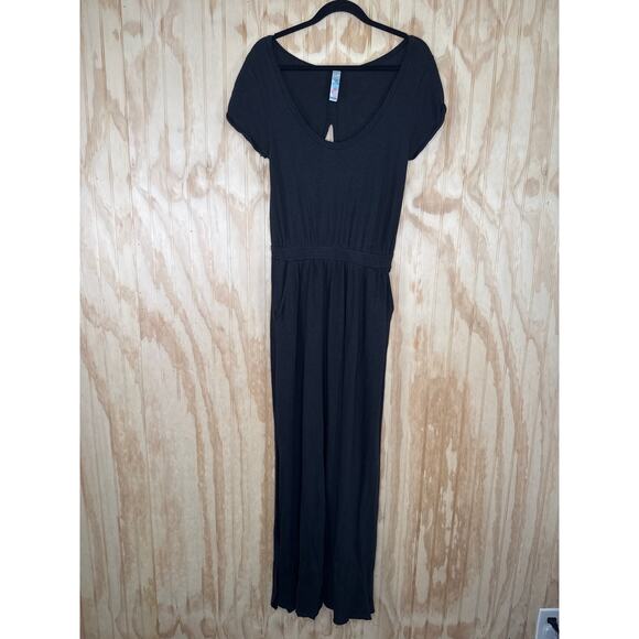 Free People Beach Black Maxi Dress Medium Boho Goth Open Back Side Slit Cotton - Picture 8 of 9